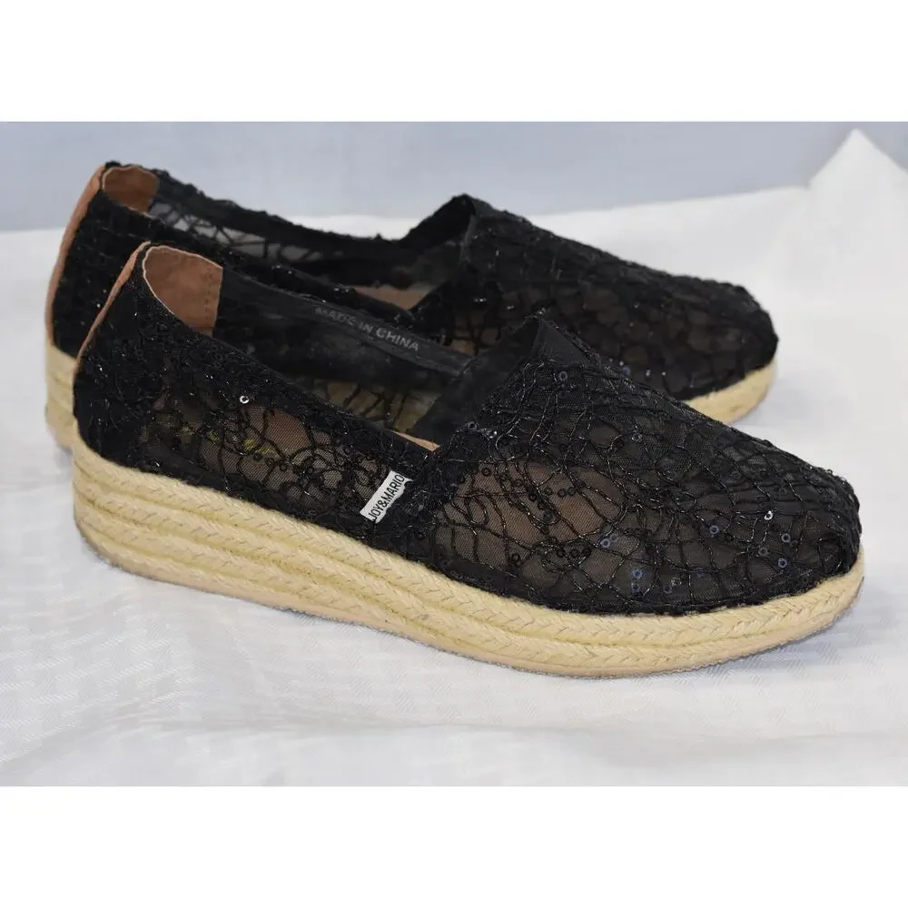 JOY & MARIO Mesh Sequin Espadrilles Wedge Heel Platform Shoes Size 7